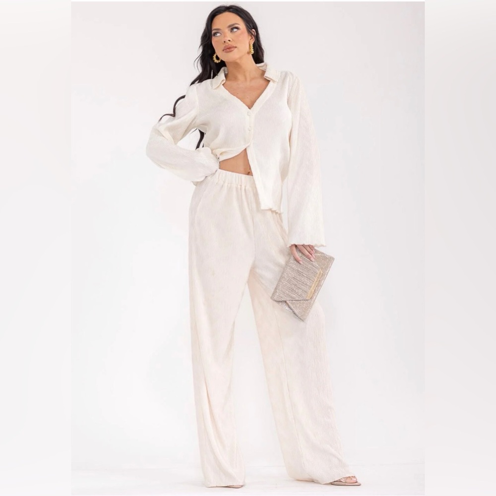 SET WOMEN'S LONG SLEEVE BLOUSE & ELASTIC WAIST PANTS DETAILED 2PC.